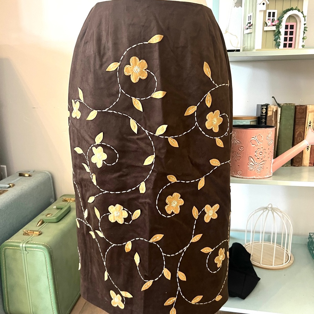 Doncaster Brown Skirt with Yellow Floral Design